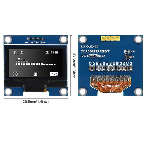 Front and back view of 1.3 inch OLED display from Electronics Starter Kit With WiFi Development Board And DHT11 Temperature Humidity Sensor