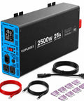 Heavy Duty Battery Backup Keeps Your Basement Dry No Sweat Dual Sump Pump Setup Built Tough For Hurricanes And Blackouts showing 2500W inverter with cables.