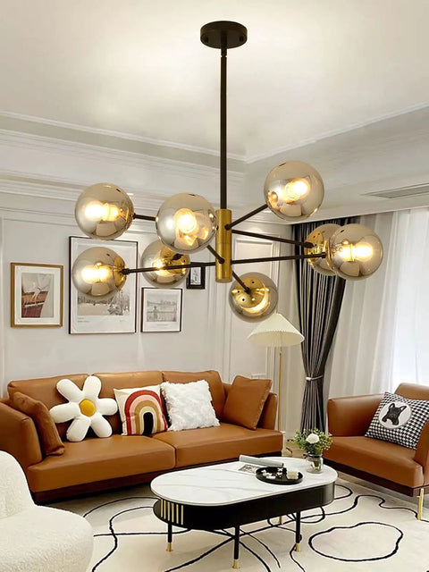 Eight Light Glass Chandelier With E26 Base And Smoke Gray Lampshade Dope Mid Century Pendant Lighting Vintage Ceiling Fixture