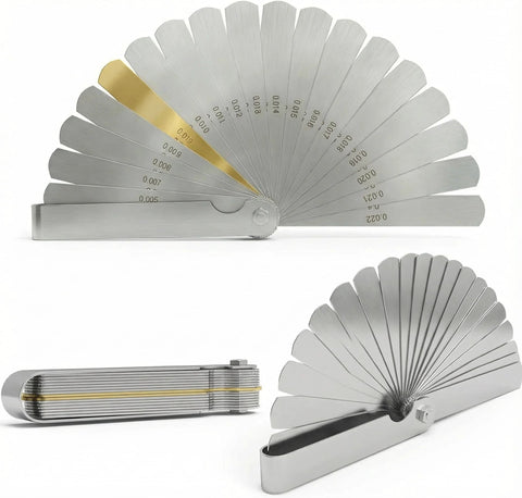 Feeler gauge set, stainless steel with 32 blades, front view for spark plug gap measurement