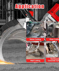 Pro Level 16 Inch Wet Concrete Saw With 8980W Brushless Motor Cuts Granite Brick And Rebar Smoothly Up To 11 Point 5 Inches Deep demonstrating various cutting applications.
