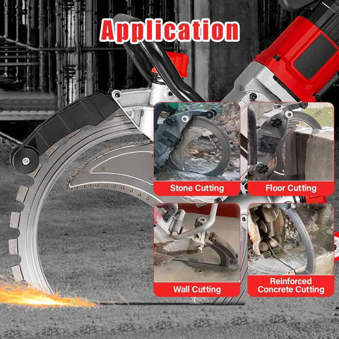 Pro Level 16 Inch Wet Concrete Saw With 8980W Brushless Motor Cuts Granite Brick And Rebar Smoothly Up To 11 Point 5 Inches Deep demonstrating various cutting applications.