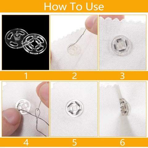 Guide on using Clear Plastic Sew-On Snap Buttons Kit With 36 Sets In Three Sizes 7.5mm 10mm 12.5mm Invisible Fasteners for clothing.
