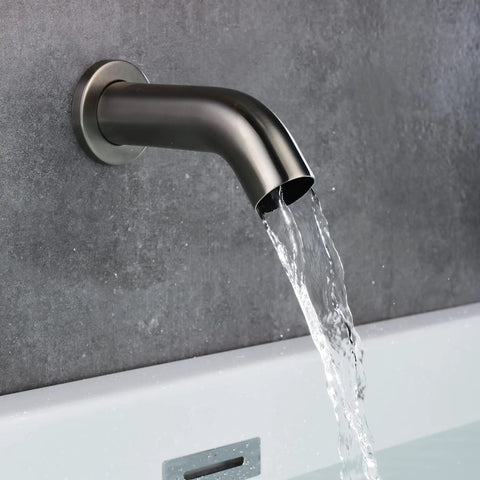 Close-up of Three Handle Wall Mount Tub Faucet With Sprayer For High Flow Waterfall Bathtub Faucet in Brushed Nickel.