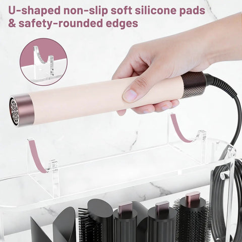 Clear Acrylic 6 Slot Storage Stand For Dyson Airwrap Accessories displaying U-shaped silicone pads with Airwrap tool in hand