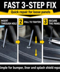Heavy Duty Automotive Cable Tie Buckle Fasteners Kit demonstrating 3-step repair for bumper, liner, and splash shield fix