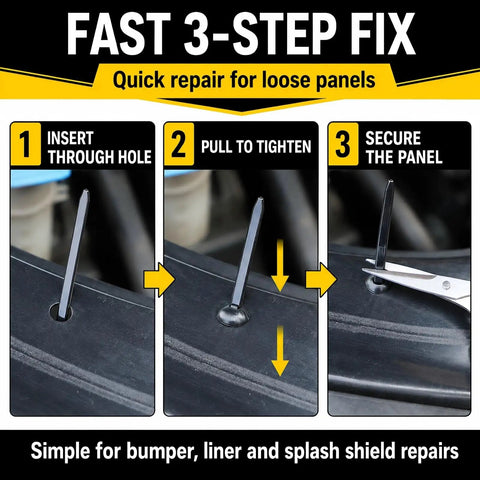 Heavy Duty Automotive Cable Tie Buckle Fasteners Kit demonstrating 3-step repair for bumper, liner, and splash shield fix