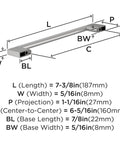 Diagram of Polished Chrome Cabinet Pull Cityscape Collection 7-3/8 Inch Overall Length 6-5/16 Inch Center-To-Center Mounting dimensions