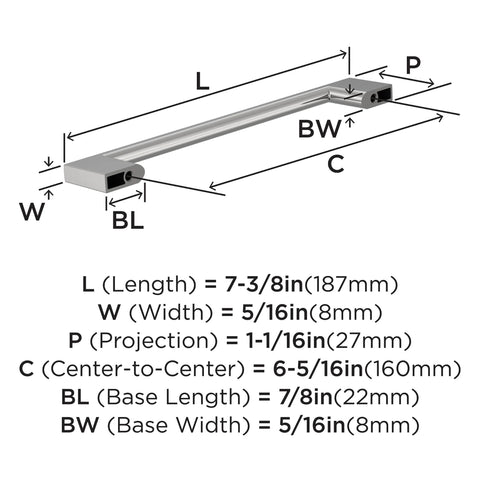 Diagram of Polished Chrome Cabinet Pull Cityscape Collection 7-3/8 Inch Overall Length 6-5/16 Inch Center-To-Center Mounting dimensions
