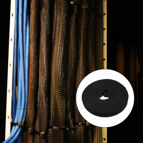 Heavy Duty Reusable Wire Tie Straps For Slick Cable Management Black Self Adhesive Cord Wraps displayed amongst various cables.