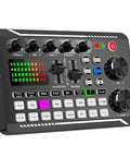 Close-up of Live Sound Card Audio Mixer with Podcast Interface, featuring knobs, sliders, and buttons for DJ effects and sound management.