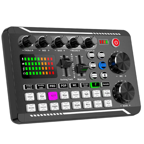 Close-up of Live Sound Card Audio Mixer with Podcast Interface, featuring knobs, sliders, and buttons for DJ effects and sound management.