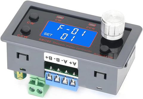 Front view of TKXEC stepper motor driver controller with blue LCD, CW/CCW knobs, large encoder, and green/blue terminal blocks.