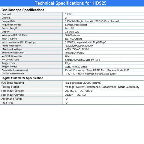 Technical specifications for HDS25 handheld oscilloscope and multimeter combo with two channels, 25MHz bandwidth, 250MSps sample rate