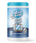 Miracle Brands Glass Wipes container with blue lid, 60 wet wipes for glass surfaces