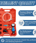 Coolant Vacuum Refill Kit with Universal 32mm Rubber Adapters Including 45mm 40mm 35mm Sleeves in red case with gauge and fittings.