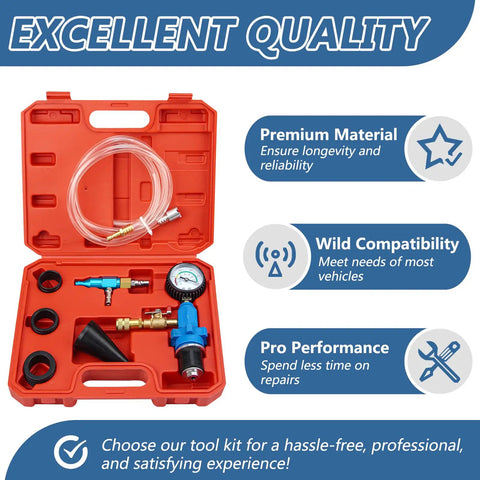 Coolant Vacuum Refill Kit with Universal 32mm Rubber Adapters Including 45mm 40mm 35mm Sleeves in red case with gauge and fittings.