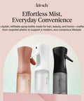 Three spray bottles in terracotta, white, and black colors for hair styling and plant misting. Ultra Fine Continuous Spray Bottle For Hair And More With Even Mist For Styling And Refreshing Curls, Waves, Plants And Cleaning Water Mister Handy Terracotta 150ml, eco-friendly design.