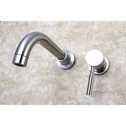 Single Handle Wall Mount Bathroom Faucet In Brushed Nickel Finish With Quarter Turn Ceramic Cartridge And Swivel Spout Built Tough Brass Construction 1.2 GPM Flow At 60 PSI Standard Half Inch IPS Connection