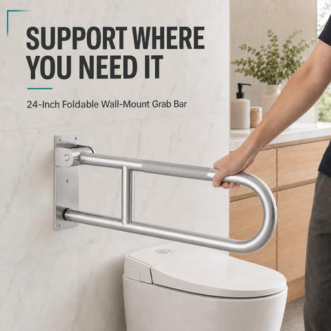 Hella Sturdy 24 Inch Folding Toilet Grab Bar With Rock Solid Anti Slip Surface For Bathroom Accessibility And Safe Shower Assistance Made From Brushed T304 Stainless Steel That Handles Up To Five Hundred Pounds Without Breaking A Sweat, mounted beside toilet.