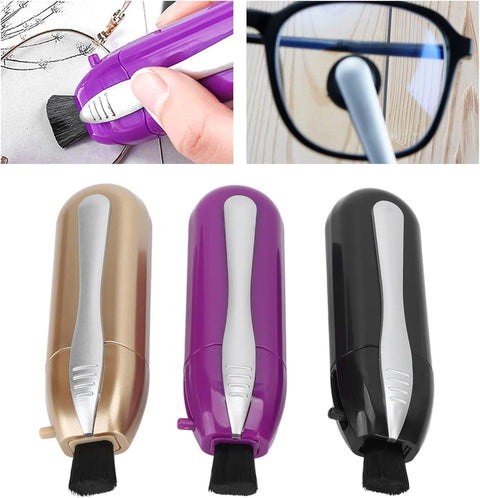Set of 3 portable eyeglass cleaners with built-in brush and microfiber pad in beige, purple, and black.