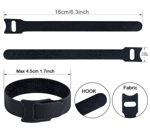 120 Pack Reusable 6 Inch Hook And Loop Cable Ties For Easy Cable Management showing dimensions and hook details