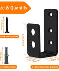 Image showing the 2x4 Door Barricade Brackets 4 Pack Heavy Duty U Brackets with dimensions, screws, and anchors for reinforcement.