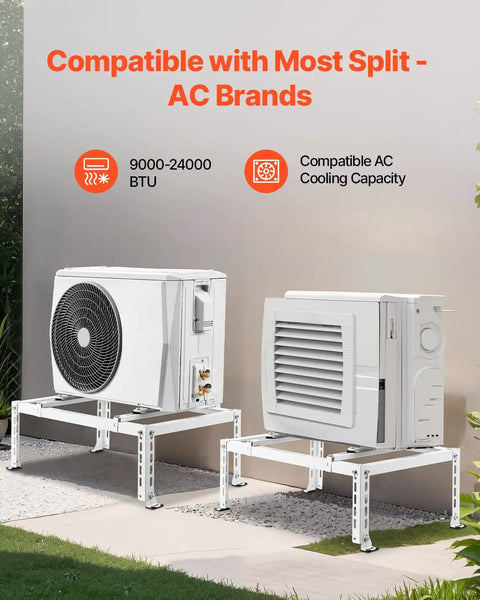 Heavy Duty Mini Split Ground Stand With Adjustable Anti Vibration Support For 9000 To 24000 BTU Ductless AC Heat Pump Galvanized Steel Floor Mount Bracket Up To 551 Lbs Load Capacity, shown with two AC units