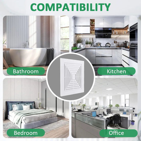 No Fuss Easy Install Replacement Bathroom Exhaust Fan Cover With Spring Square Ceiling Or Wall Mount Grille BP46 BP90 in various rooms, including bathroom, kitchen, bedroom, and office.