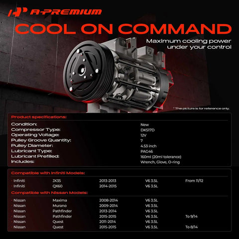 Top Tier AC Compressor With Built Clutch Fits Infiniti JX35 QX60 Nissan Maxima Murano Pathfinder DKS17D detailed view with pulley.