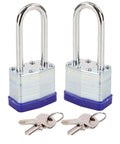Two Pack Heavy Duty Padlocks Keyed Alike With Extra Long Two And Three Eighths Inch Shackle And Forty Millimeter Laminated Steel Lock Bodies