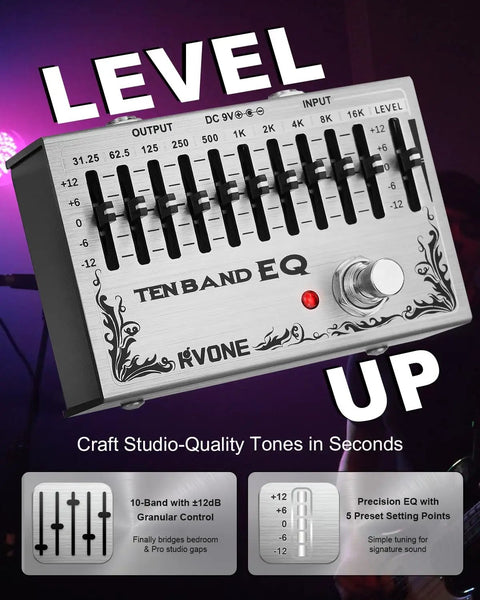 10-Band Equalizer Pedal For Guitar And Bass With Low-Noise And True Bypass Delivers Clean Signal For Live Stage And Studio Recording