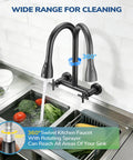 HURRAN Wall Mount Kitchen Faucet with Pull Down Sprayer, Matte Black Kitchen Sink Faucet, 8 Inch, featuring 360° swivel spout.