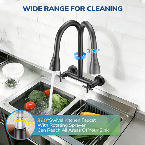 HURRAN Wall Mount Kitchen Faucet with Pull Down Sprayer, Matte Black Kitchen Sink Faucet, 8 Inch, featuring 360° swivel spout.