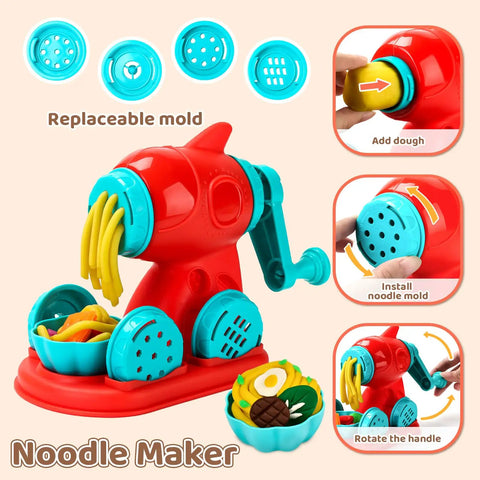 70 Piece Kids Dough Set 4 In 1 With Ice Cream Maker Noodle Maker Hamburger And Cake Mold Tools Creative Play Food Kit for Toddlers And Kids Ages 3 to 8 featuring red and blue noodle maker with molds