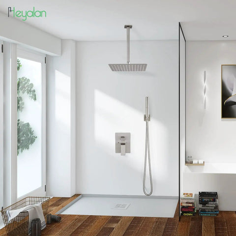Modern bathroom with Brushed Nickel 12 Inch Square Rain Shower System With 2 In 1 Handheld Sprayer Ceiling Mount Rough In Valve