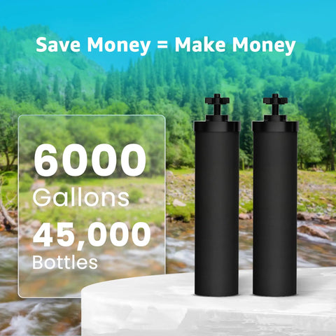 Outdoor-Ready Black Water Filter Replacement For Berkey And Purewell Systems With text showing filter capacity in nature.
