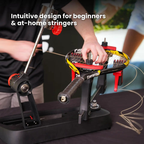 Person using the Momentum Drop Weight 6 Plus Stringing Machine With Six Point Mounting System And Swivel Base.