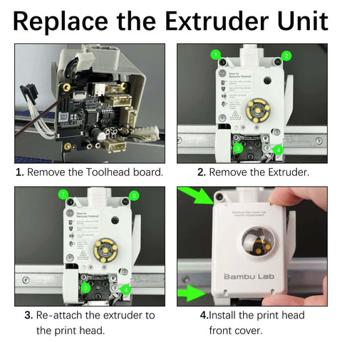 Steps to replace Extruder Unit Replacement For A1 And A1 Mini 3D Printer With Dual Hardened Gear System installation guide.