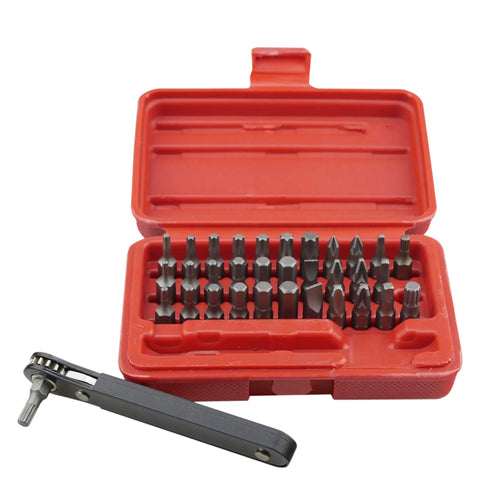 34-Piece Screwdriver Bit Set With Mini Ratchet Wrench, 1/4-Inch Drive, Security Hex Bits, Chrome Vanadium Steel in red case