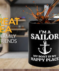Sailor Coffee Mug 11oz Black My Boat Is Funny Gift For Boaters And Sailors on wooden table in a cozy kitchen setting