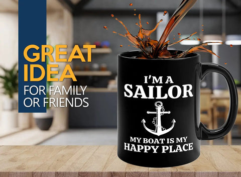 Sailor Coffee Mug 11oz Black My Boat Is Funny Gift For Boaters And Sailors on wooden table in a cozy kitchen setting