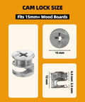 Top Shelf Cam Locks For Furniture 20 Pack Easy Fix Hardware Compatible With Ikea Eccentric Wheels And Heavy Duty Nuts Bolts Nickel Plated Alloy Steel Assortment Kit For Home Repairs showing cam lock fittings for 15mm wood boards.