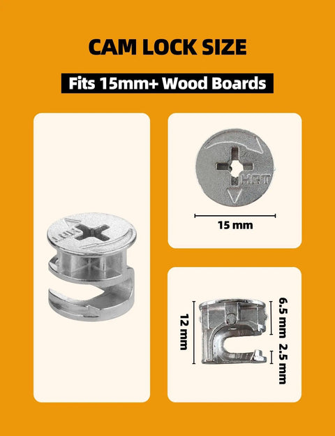 Top Shelf Cam Locks For Furniture 20 Pack Easy Fix Hardware Compatible With Ikea Eccentric Wheels And Heavy Duty Nuts Bolts Nickel Plated Alloy Steel Assortment Kit For Home Repairs showing cam lock fittings for 15mm wood boards.