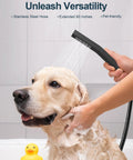 GRANDJOY Dual Rainfall Shower System, 3-Function, Matte Black with stainless steel hose used to wash a dog.