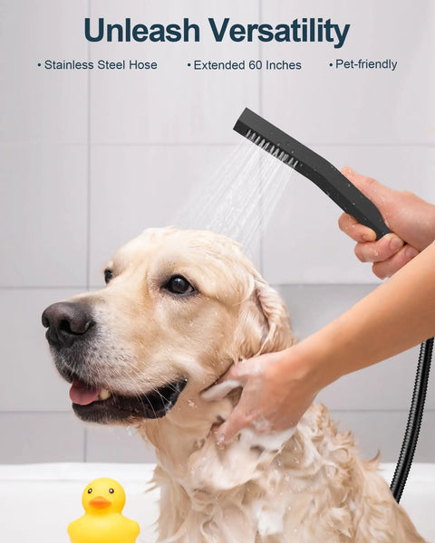 GRANDJOY Dual Rainfall Shower System, 3-Function, Matte Black with stainless steel hose used to wash a dog.