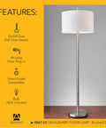 Dual Pull Chain Floor Lamp With Brushed Steel Finish And White Fabric Drum Shade, Two Bulb Setup For Bedroom Living Room Or Office, Modern Versatile Lighting For Any Space, 61 Inches Tall.