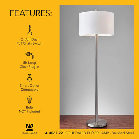 Dual Pull Chain Floor Lamp With Brushed Steel Finish And White Fabric Drum Shade, Two Bulb Setup For Bedroom Living Room Or Office, Modern Versatile Lighting For Any Space, 61 Inches Tall.