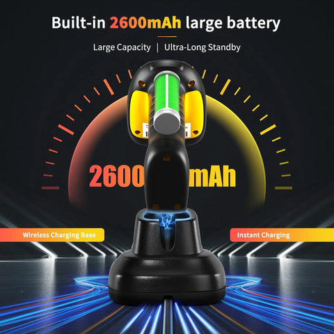 Rugged Industrial Bluetooth Barcode Scanner With Charging Dock, 2D And 1D Wireless Reader showing large 2600mAh battery