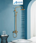 Antique Brass Tub Shower Faucet Set With 8 Inch Shower Head Handheld Spray And Diverter Triple Function Mixer in use